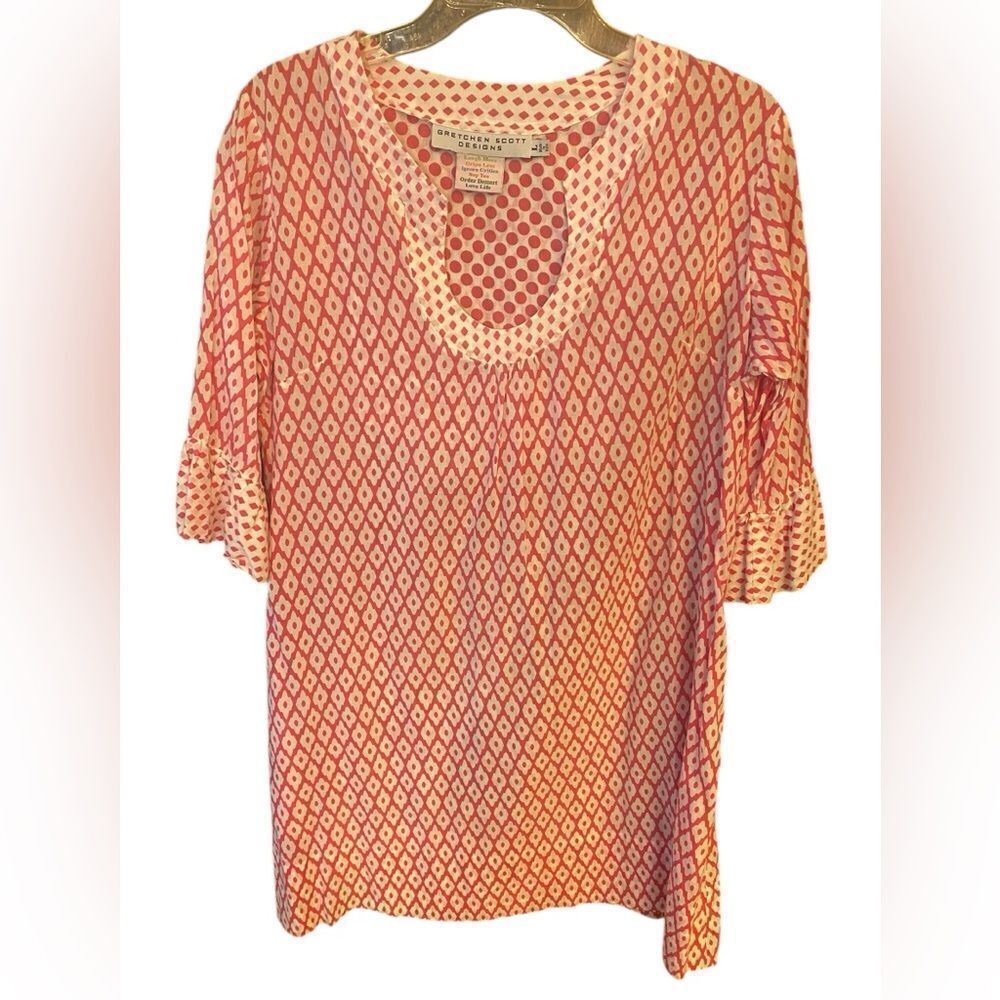 Gretchen Scott Sz L Pink Diamond Polka Dot Print Scoop Neck Pocket Cotton Dress